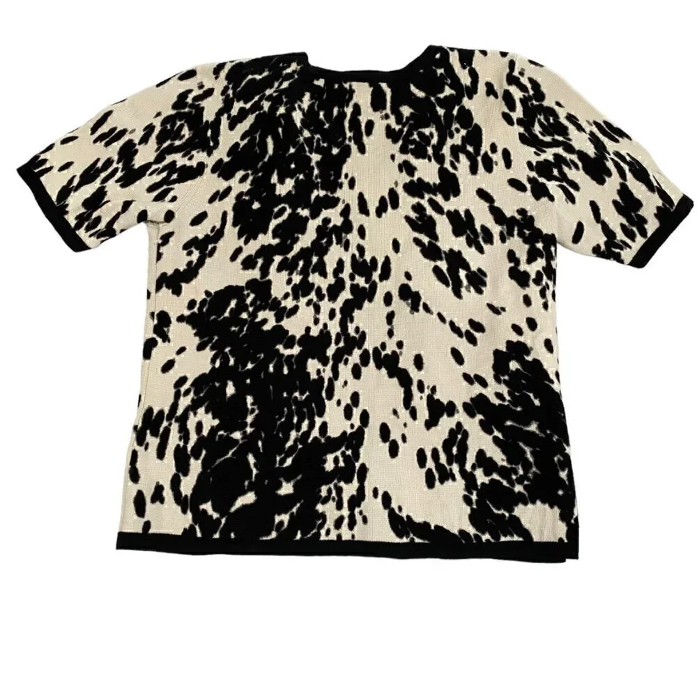 Chico's Women Cardigan Sweater Open Front Short Sleeve Cream Black Pony Print 2